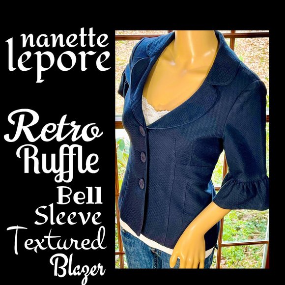 Nanette Lepore Jackets & Blazers - ▪️NANETTE LEPORE▪️Retro Navy Ruffle Bell Sleeve Textured Cotton Blend Blazer